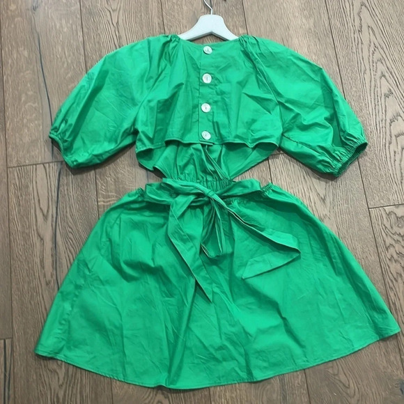 Shein Emerald Green Cutout Open Back Bow Tie Puff Sleeve Mini Dress - Picture 5 of 7